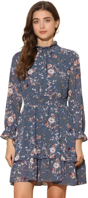 Allegra K Women's Floral Dress Chiffon Long Sleeve Mock Neck Ruffle Layered Smocked Mini Dresses