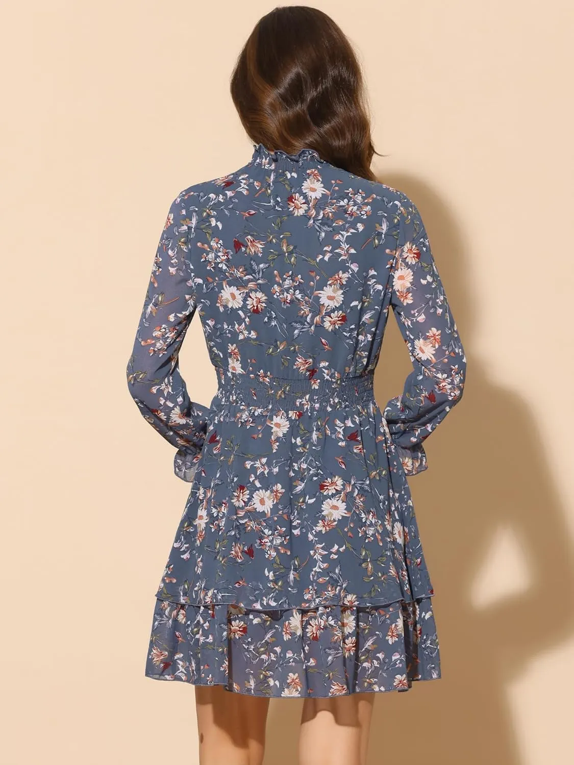 Allegra K Women's Floral Dress Chiffon Long Sleeve Mock Neck Ruffle Layered Smocked Mini Dresses