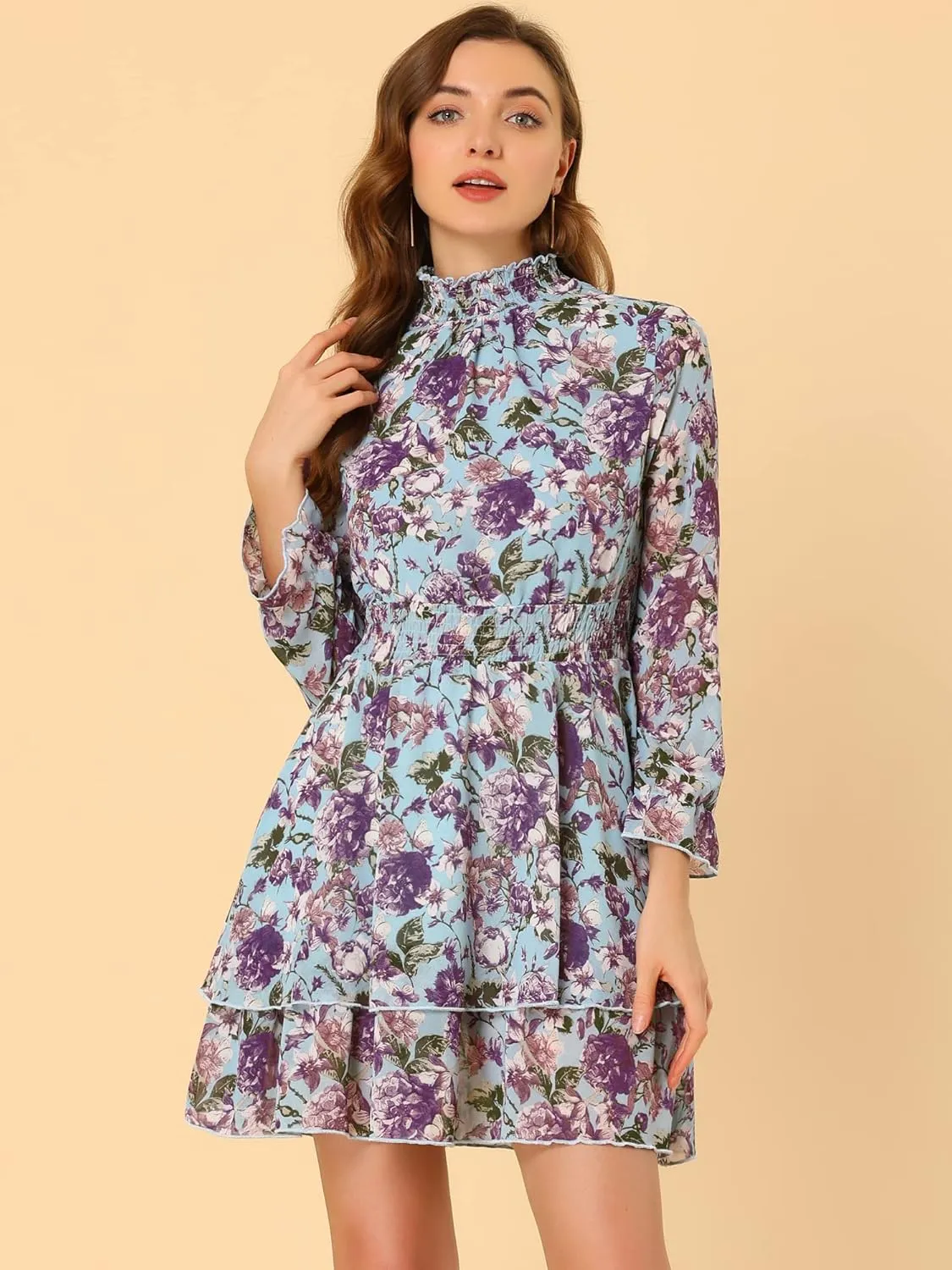 Allegra K Women's Floral Dress Chiffon Long Sleeve Mock Neck Ruffle Layered Smocked Mini Dresses