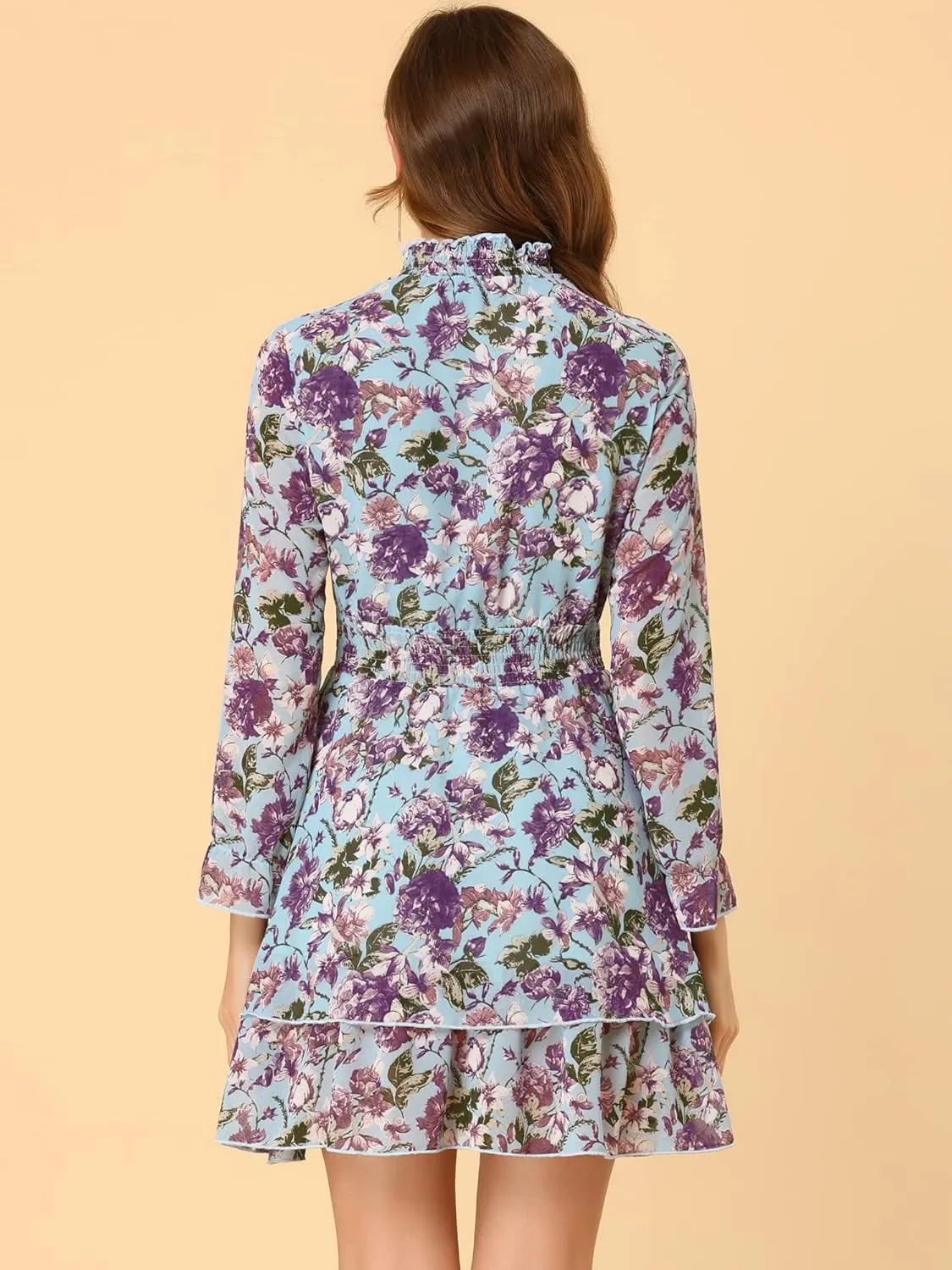 Allegra K Women's Floral Dress Chiffon Long Sleeve Mock Neck Ruffle Layered Smocked Mini Dresses
