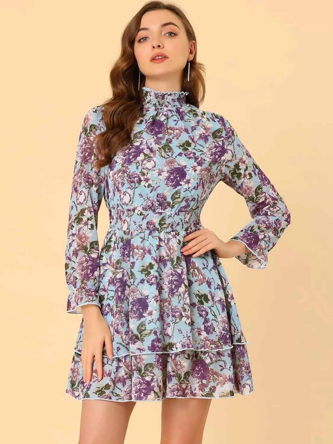 Allegra K Women's Floral Dress Chiffon Long Sleeve Mock Neck Ruffle Layered Smocked Mini Dresses