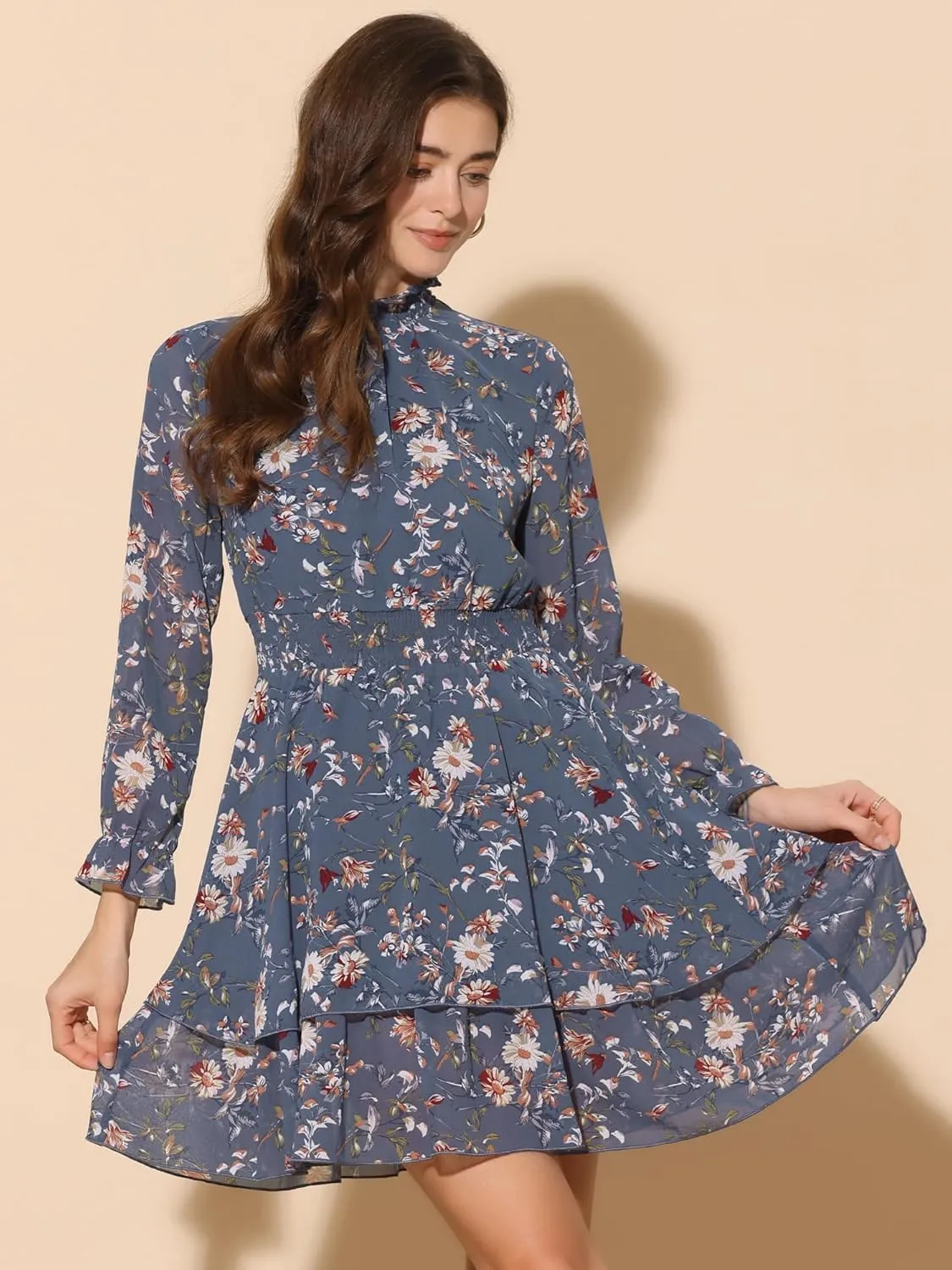 Allegra K Women's Floral Dress Chiffon Long Sleeve Mock Neck Ruffle Layered Smocked Mini Dresses