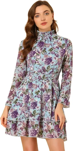 Allegra K Women's Floral Dress Chiffon Long Sleeve Mock Neck Ruffle Layered Smocked Mini Dresses