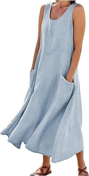 Apvirdy Linen Dress for Women Summer Sleeveless Solid Casual Baggy Flowy Maxi Dresses with Pockets