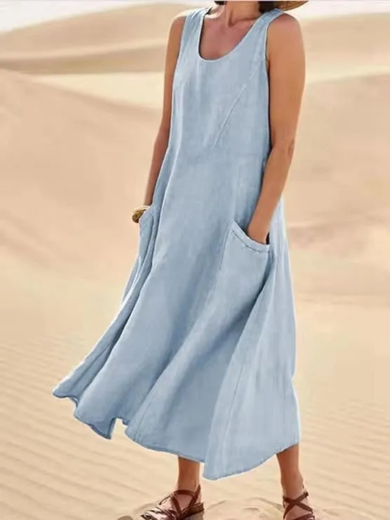 Apvirdy Linen Dress for Women Summer Sleeveless Solid Casual Baggy Flowy Maxi Dresses with Pockets