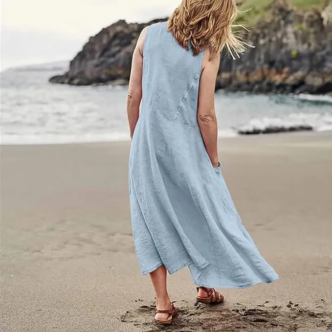 Apvirdy Linen Dress for Women Summer Sleeveless Solid Casual Baggy Flowy Maxi Dresses with Pockets