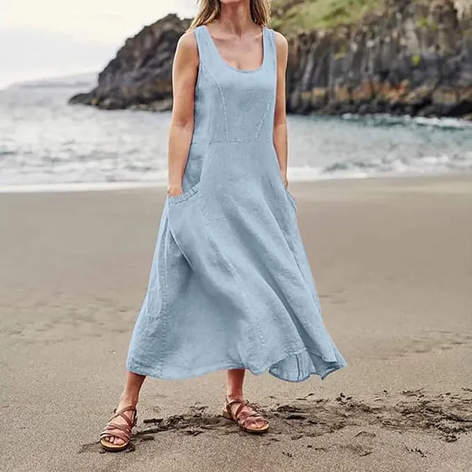 Apvirdy Linen Dress for Women Summer Sleeveless Solid Casual Baggy Flowy Maxi Dresses with Pockets