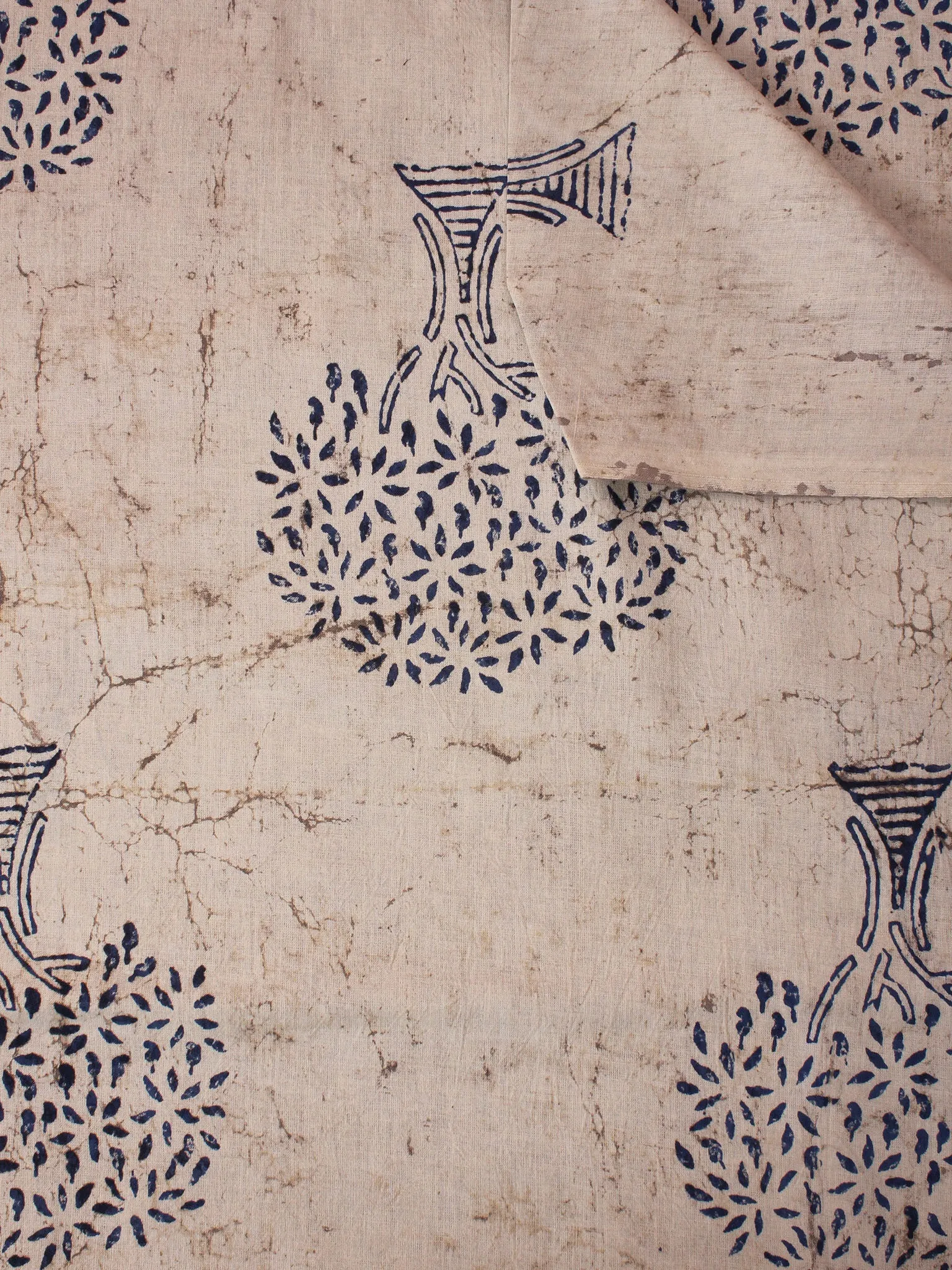 Beige Indigo Natural Dyed Hand Block Printed Cotton Fabric Per Meter - F0916308