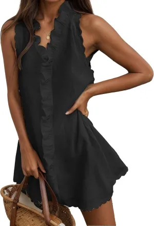 Bengbobar Linen Dresses for Women 2025 Ruffled Sleeveless Solid V Neck Short Linen Summer Mini Dress