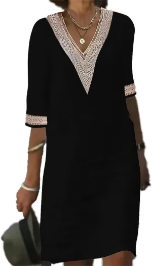 Bengbobar Womens Summer V Neck Linen Dress Loose Half Sleeve Solid Linen Dress Casual Classic Comfort Daily Wear Party Dress