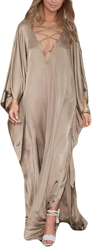 Bsubseach 2025 Long Kaftan Dresses Muumuu Plus Size V Neck Vintage Caftan Coverup Sexy Satin Dress