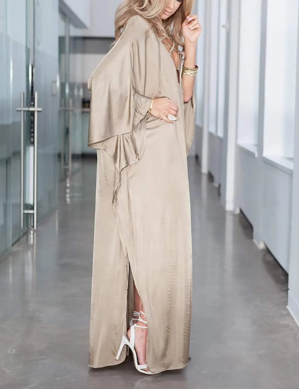 Bsubseach 2025 Long Kaftan Dresses Muumuu Plus Size V Neck Vintage Caftan Coverup Sexy Satin Dress