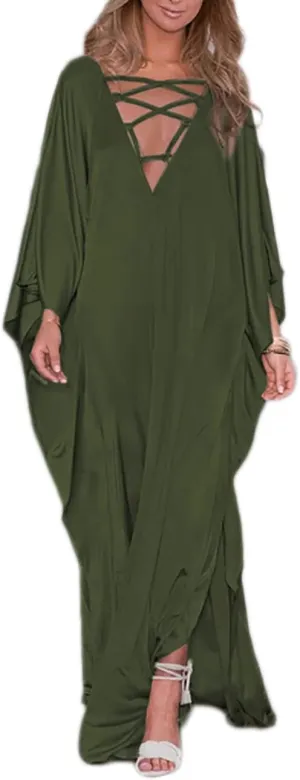 Bsubseach 2025 Long Kaftan Dresses Muumuu Plus Size V Neck Vintage Caftan Coverup Sexy Satin Dress