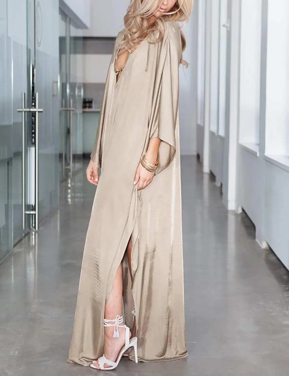 Bsubseach 2025 Long Kaftan Dresses Muumuu Plus Size V Neck Vintage Caftan Coverup Sexy Satin Dress