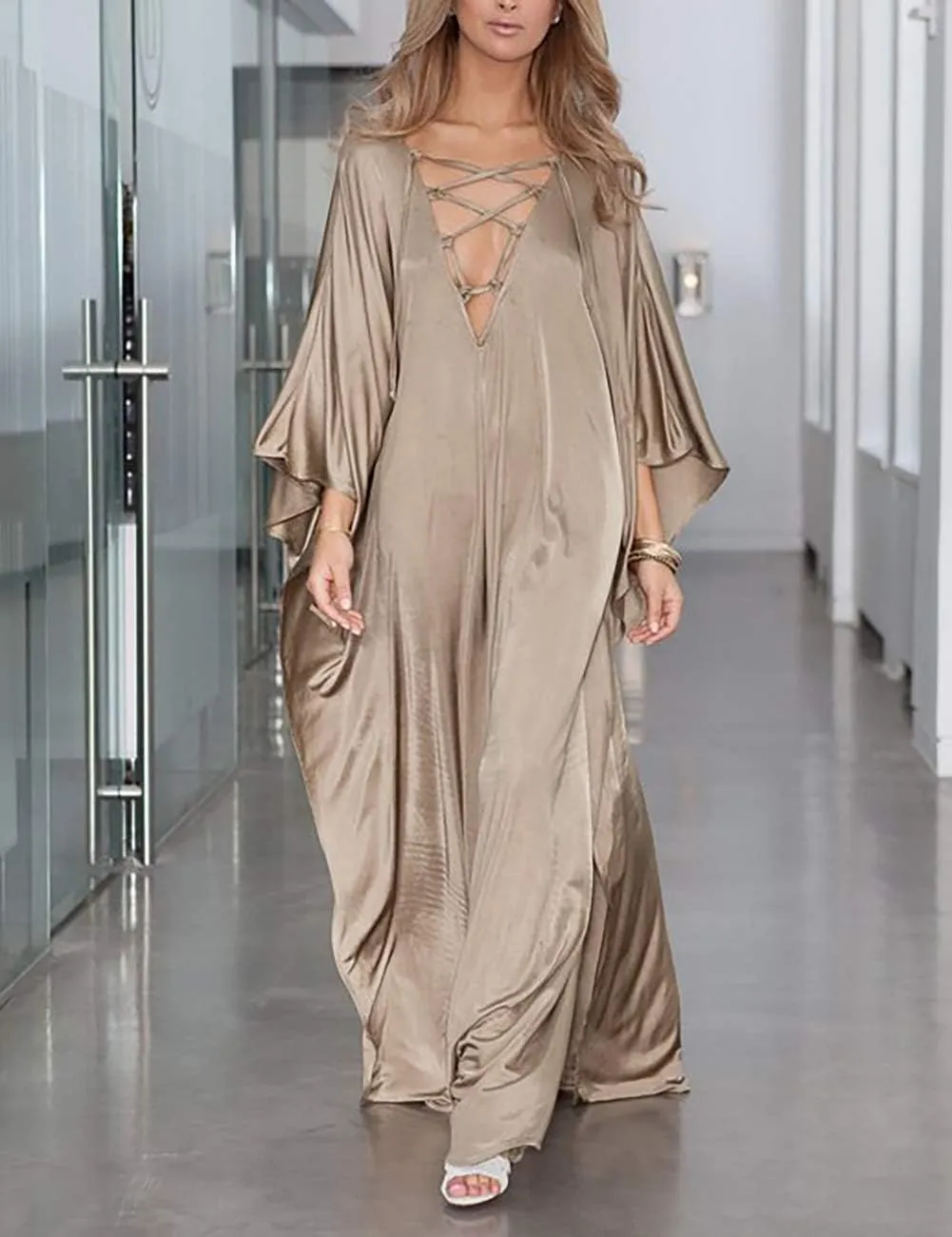 Bsubseach 2025 Long Kaftan Dresses Muumuu Plus Size V Neck Vintage Caftan Coverup Sexy Satin Dress