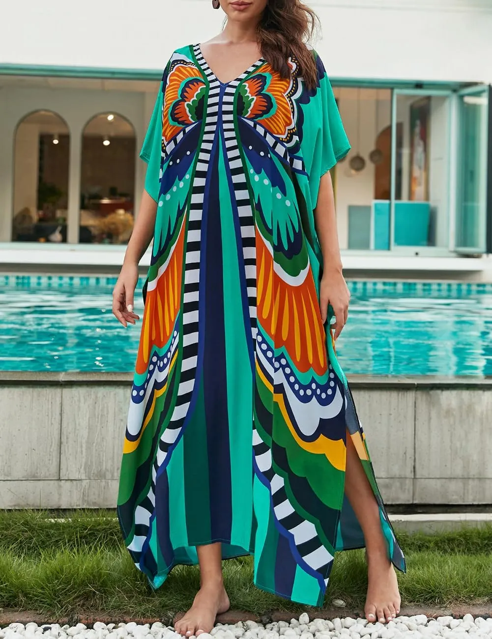 Bsubseach Kaftan Dresses for Women Butterfly Print Plus Size Batwing Sleeve Caftans Long Bathing Suit Cover Up