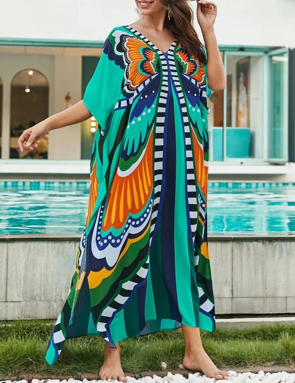 Bsubseach Kaftan Dresses for Women Butterfly Print Plus Size Batwing Sleeve Caftans Long Bathing Suit Cover Up