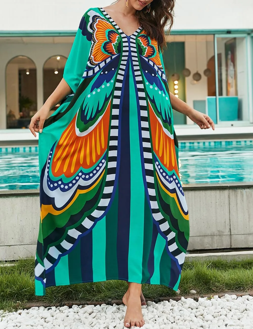 Bsubseach Kaftan Dresses for Women Butterfly Print Plus Size Batwing Sleeve Caftans Long Bathing Suit Cover Up
