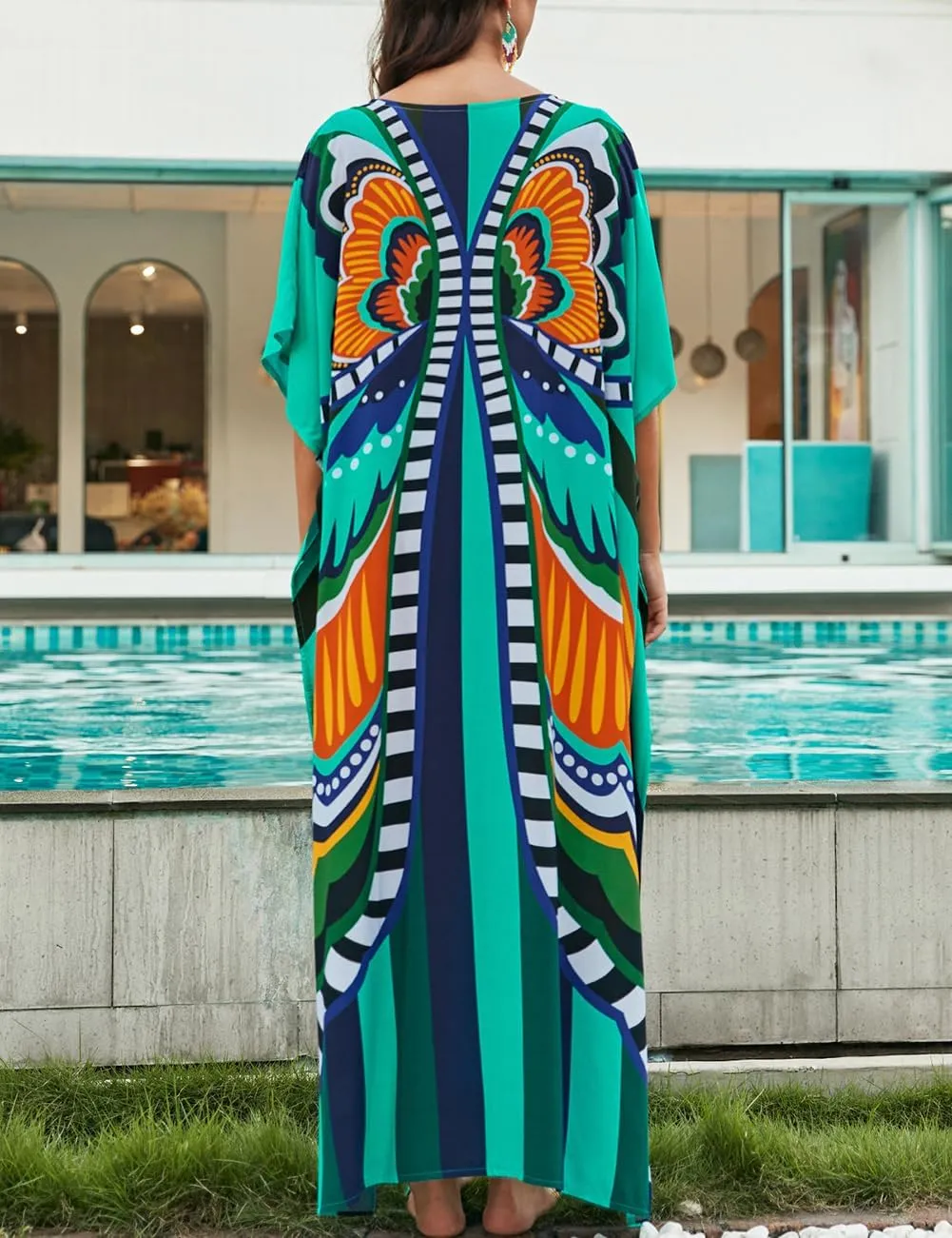 Bsubseach Kaftan Dresses for Women Butterfly Print Plus Size Batwing Sleeve Caftans Long Bathing Suit Cover Up