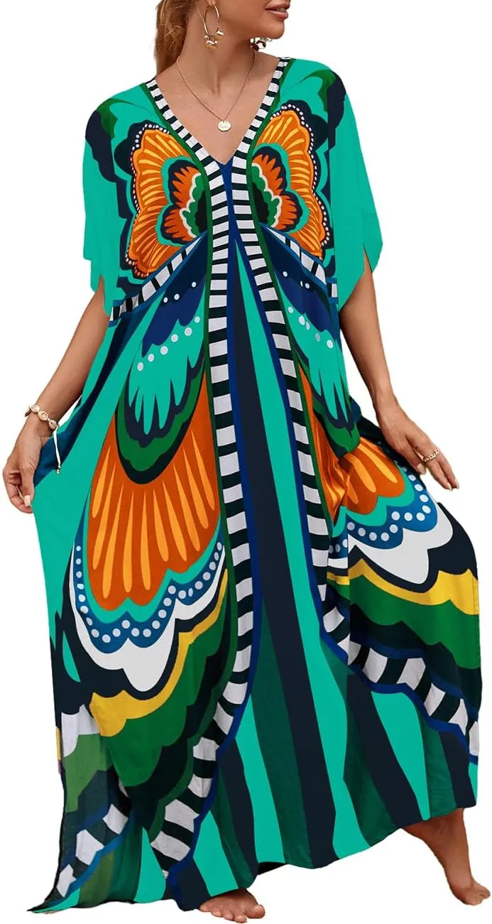 Bsubseach Kaftan Dresses for Women Butterfly Print Plus Size Batwing Sleeve Caftans Long Bathing Suit Cover Up