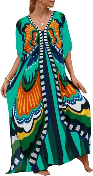 Bsubseach Kaftan Dresses for Women Butterfly Print Plus Size Batwing Sleeve Caftans Long Bathing Suit Cover Up