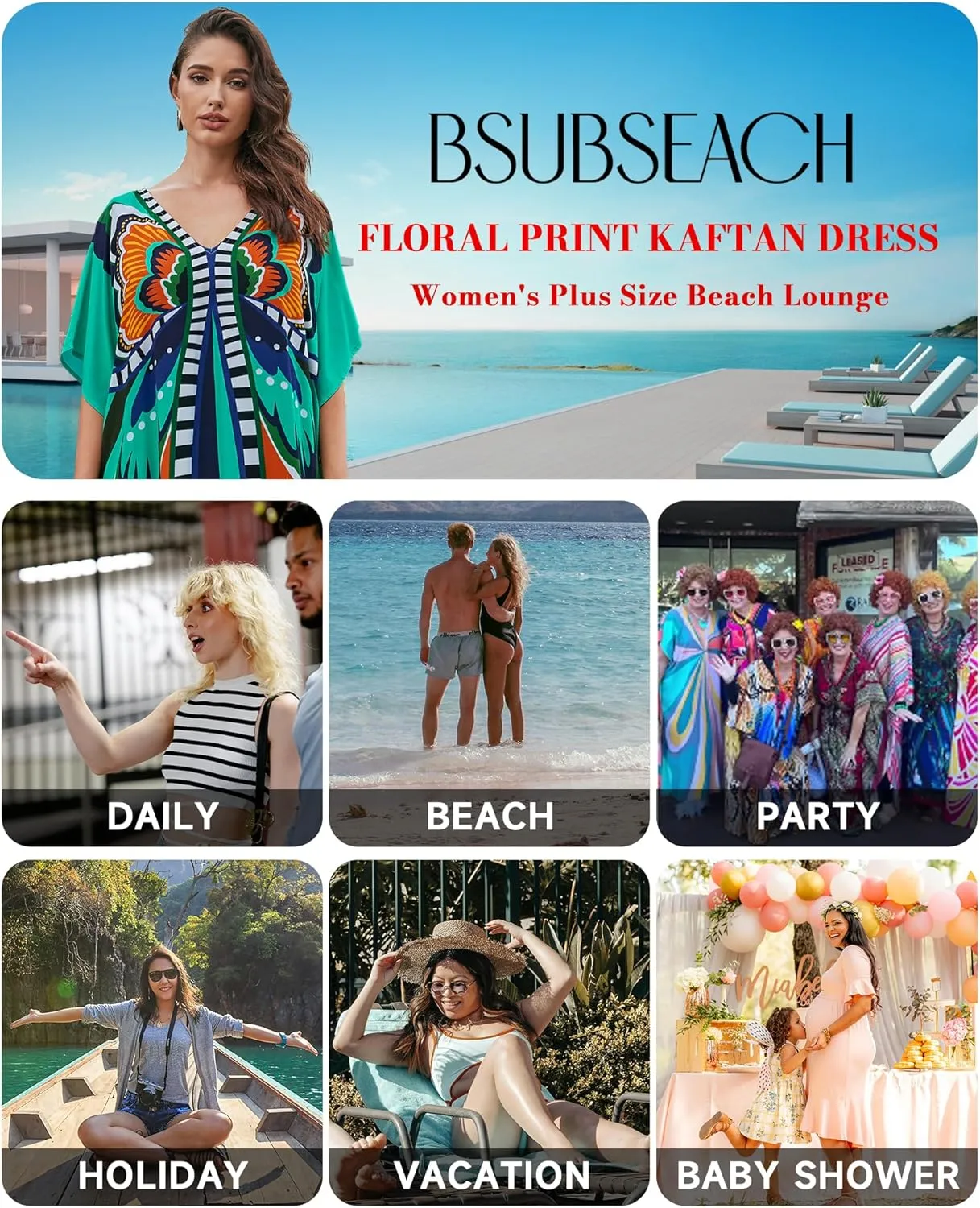 Bsubseach Kaftan Dresses for Women Butterfly Print Plus Size Batwing Sleeve Caftans Long Bathing Suit Cover Up