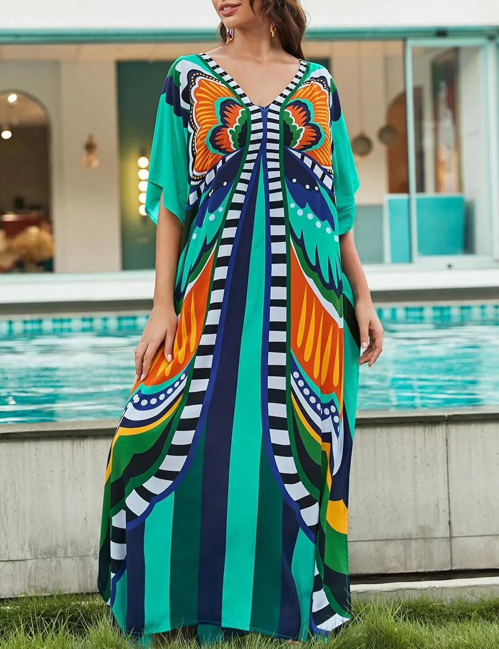 Bsubseach Kaftan Dresses for Women Butterfly Print Plus Size Batwing Sleeve Caftans Long Bathing Suit Cover Up