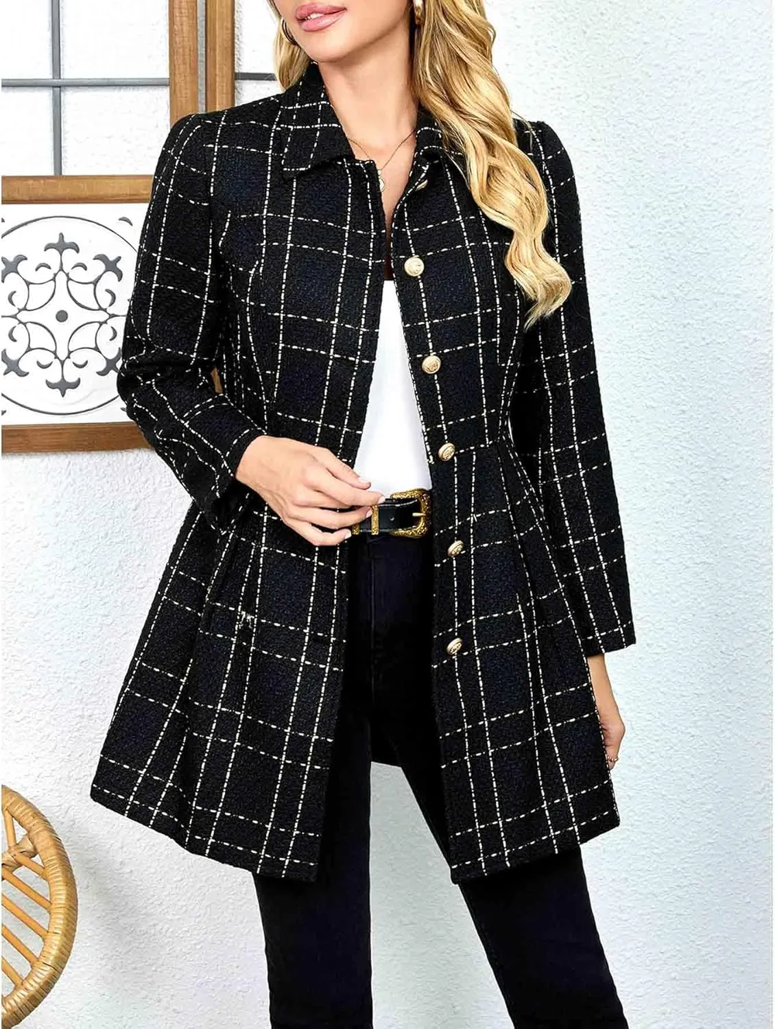 Casual Plaid Suit Fall Winter Tweed Blazer for Women Jacket Open Front Business Elegant Work Suit Top Pocke