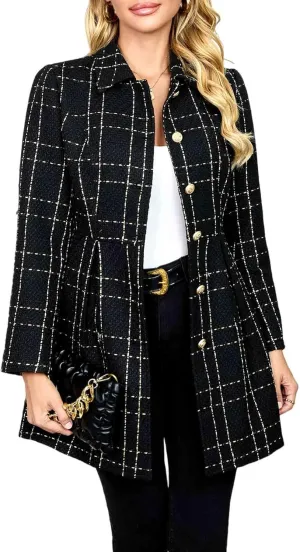 Casual Plaid Suit Fall Winter Tweed Blazer for Women Jacket Open Front Business Elegant Work Suit Top Pocke