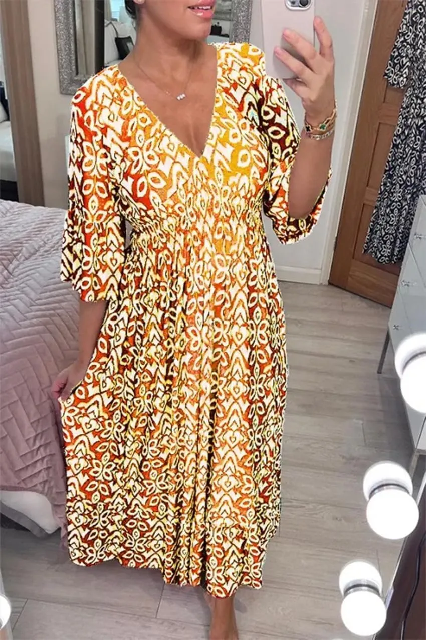 Chvity Boho Women's Summer V Neck Elastic Waist Pleated Half Sleeve Dress Floral Printed Ruffle Hem Dresses