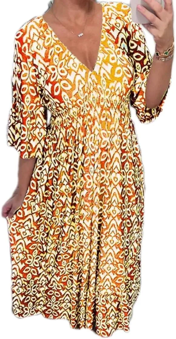 Chvity Boho Women's Summer V Neck Elastic Waist Pleated Half Sleeve Dress Floral Printed Ruffle Hem Dresses