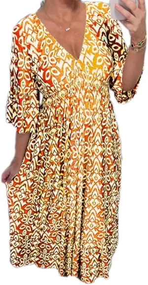 Chvity Boho Women's Summer V Neck Elastic Waist Pleated Half Sleeve Dress Floral Printed Ruffle Hem Dresses