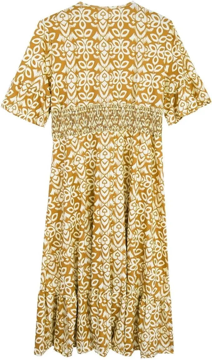 Chvity Boho Women's Summer V Neck Elastic Waist Pleated Half Sleeve Dress Floral Printed Ruffle Hem Dresses
