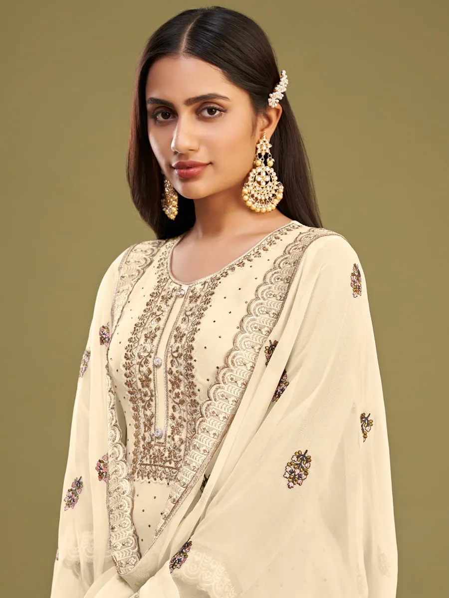 Cream Embroidered Partywear Straight-Cut-Suit