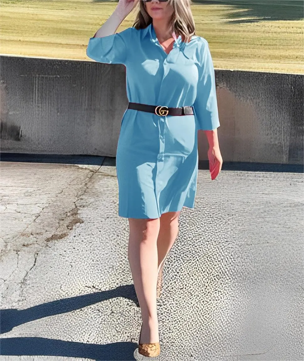 Fronage Women's Summer Midi Shirt Dresses Button Down 1/2 Sleeve Lapel Casual Cotton Linen Dress