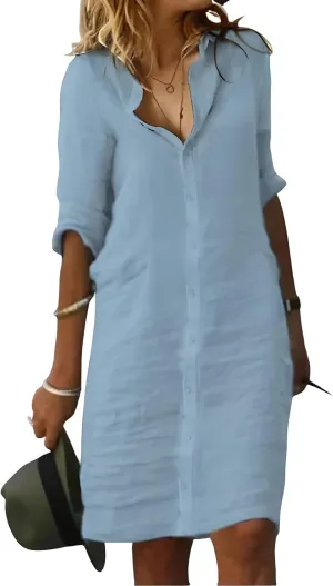Fronage Women's Summer Midi Shirt Dresses Button Down 1/2 Sleeve Lapel Casual Cotton Linen Dress