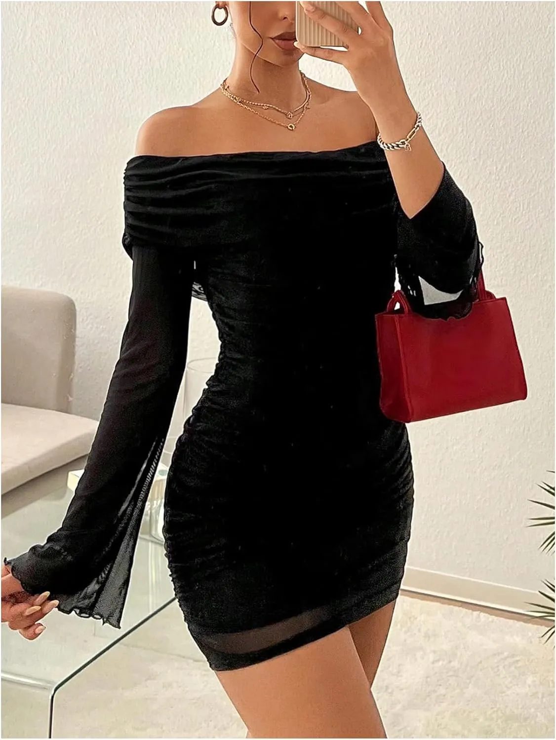 GORGLITTER Women's Off The Shoulder Ruched Mesh Dress Flare Long Sleeve Mini Bodycon Dresses