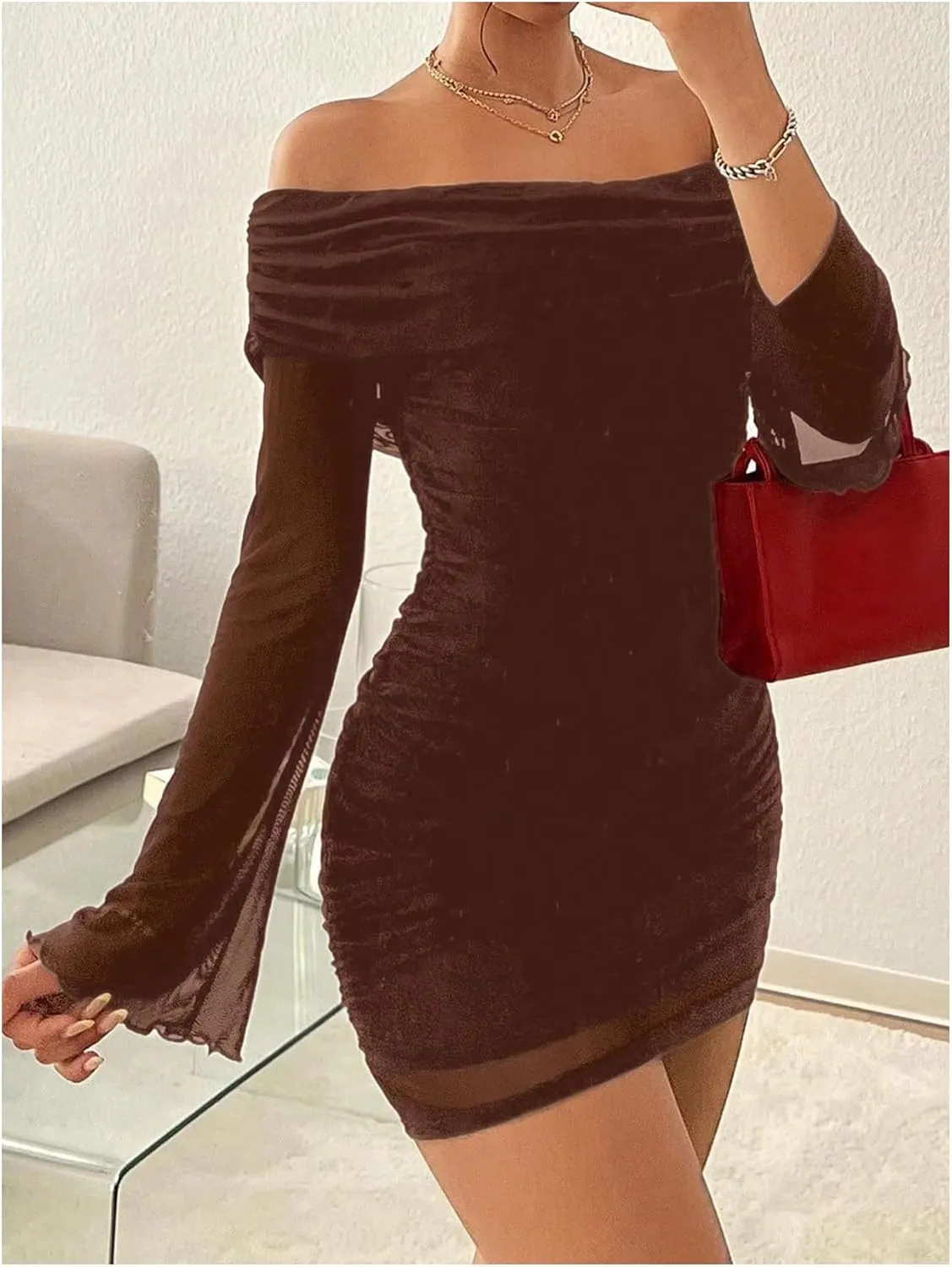 GORGLITTER Women's Off The Shoulder Ruched Mesh Dress Flare Long Sleeve Mini Bodycon Dresses