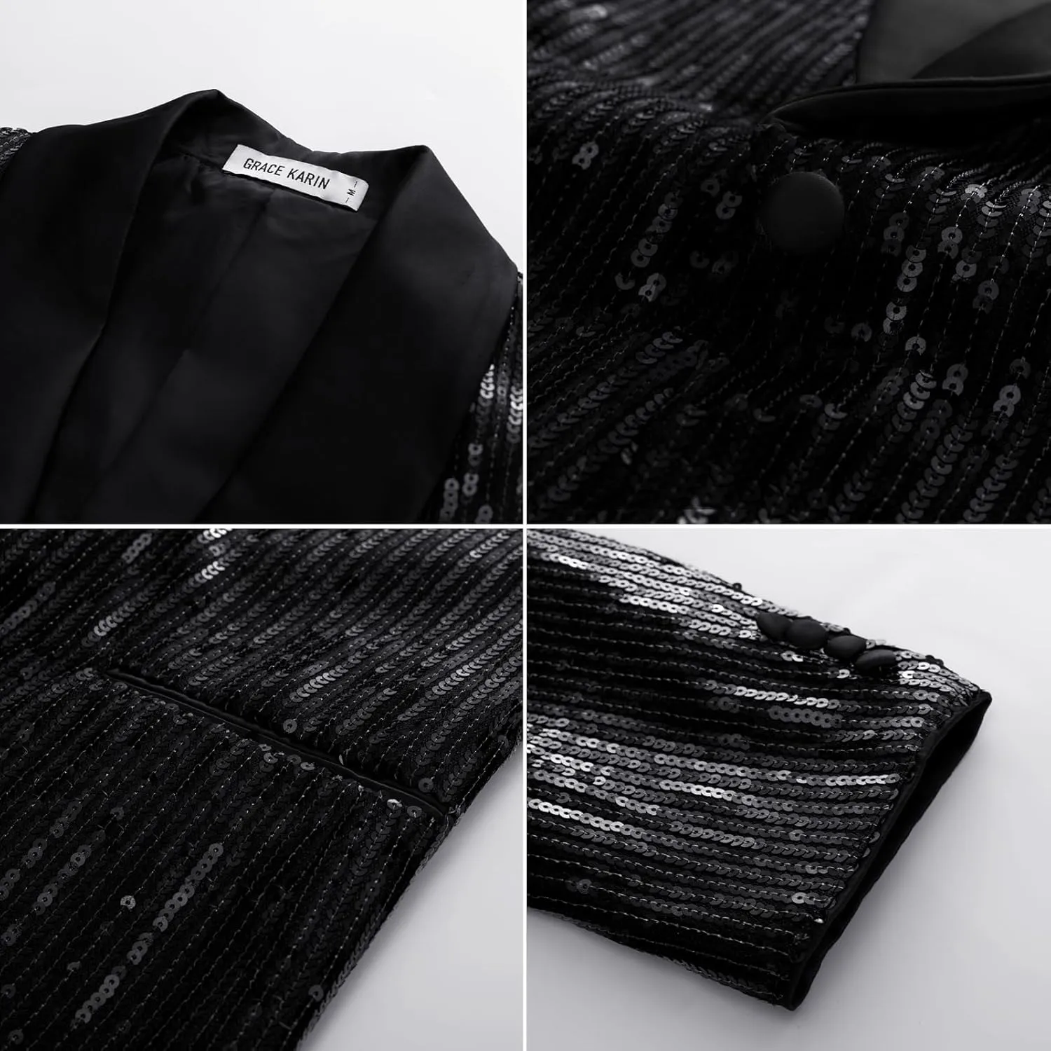 GRACE KARIN Mens Shiny Sequin Blazer One Button Suit Jacket Shawl Lapel Tuxedo Party Dinner Prom