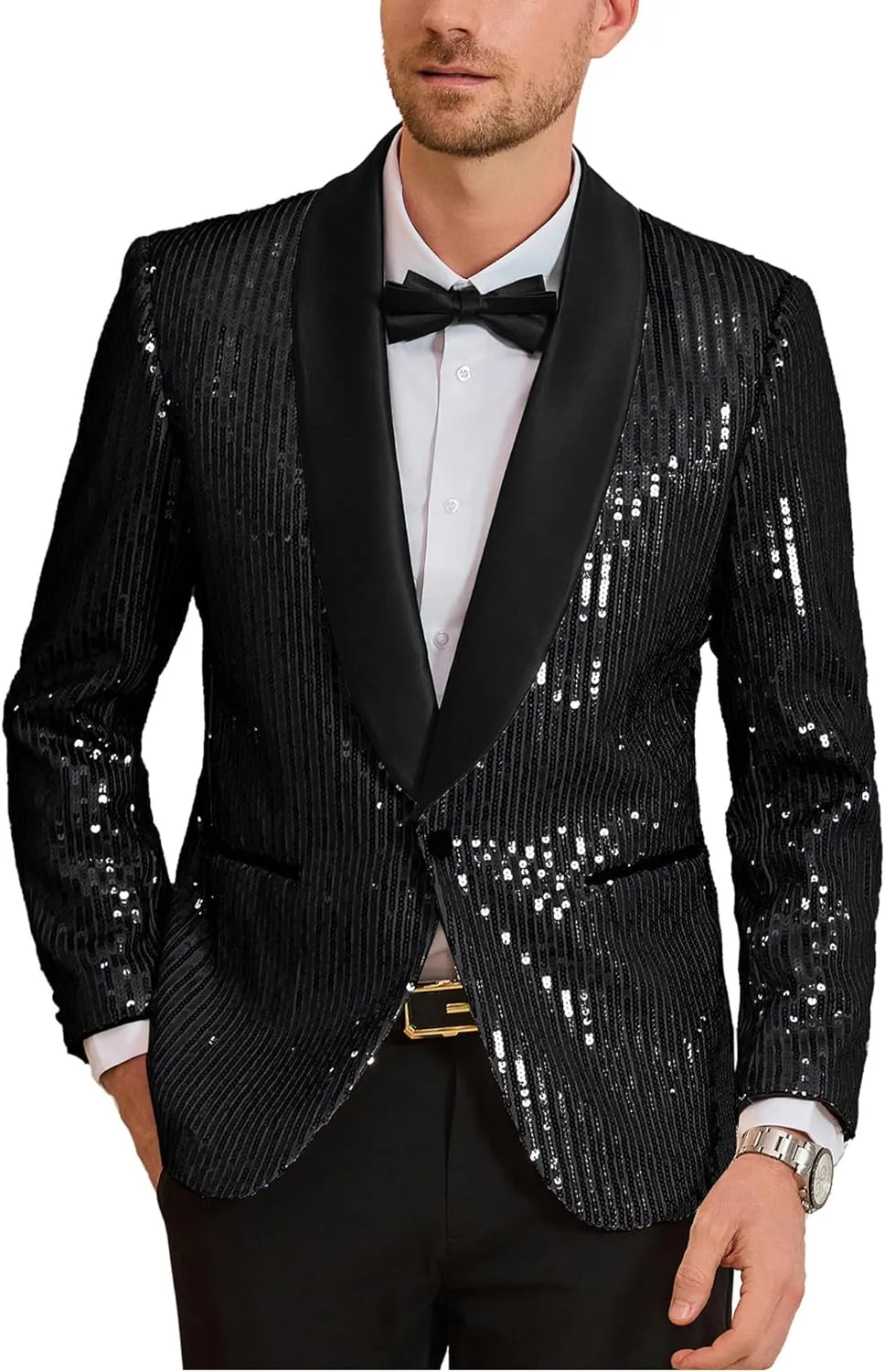 GRACE KARIN Mens Shiny Sequin Blazer One Button Suit Jacket Shawl Lapel Tuxedo Party Dinner Prom