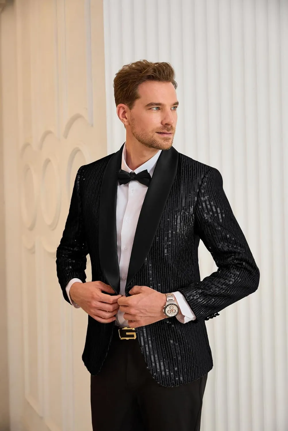 GRACE KARIN Mens Shiny Sequin Blazer One Button Suit Jacket Shawl Lapel Tuxedo Party Dinner Prom