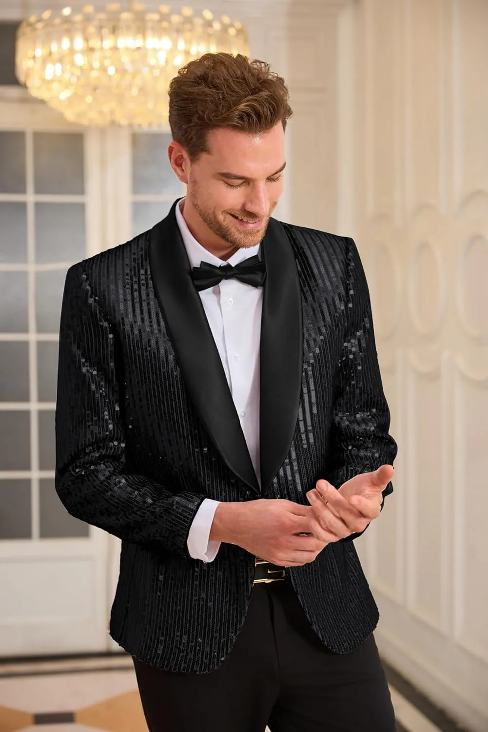 GRACE KARIN Mens Shiny Sequin Blazer One Button Suit Jacket Shawl Lapel Tuxedo Party Dinner Prom