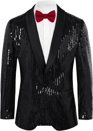 GRACE KARIN Mens Shiny Sequin Blazer One Button Suit Jacket Shawl Lapel Tuxedo Party Dinner Prom