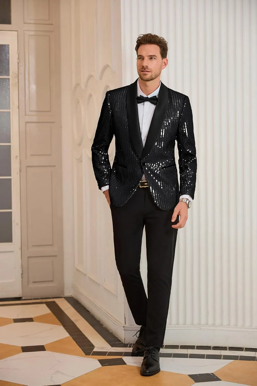 GRACE KARIN Mens Shiny Sequin Blazer One Button Suit Jacket Shawl Lapel Tuxedo Party Dinner Prom
