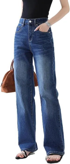 High Waisted Jeans for Women Straight Leg Stretchy Trendy Baggy Casual Lady Basic Wide Leg Denim Pants