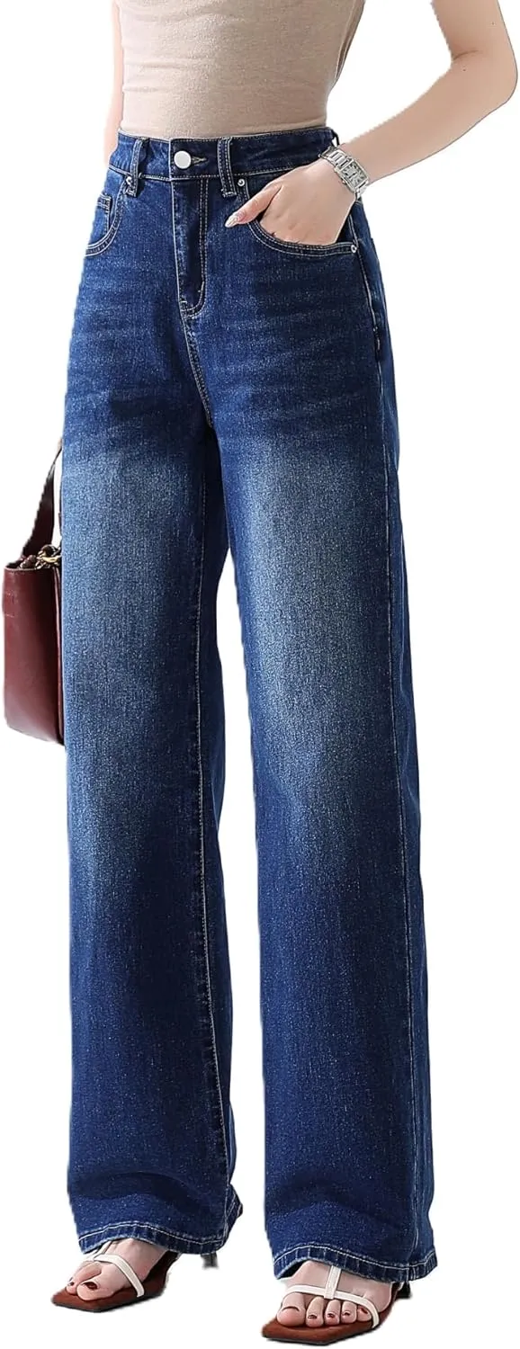 High Waisted Jeans for Women Straight Leg Stretchy Trendy Baggy Casual Lady Basic Wide Leg Denim Pants