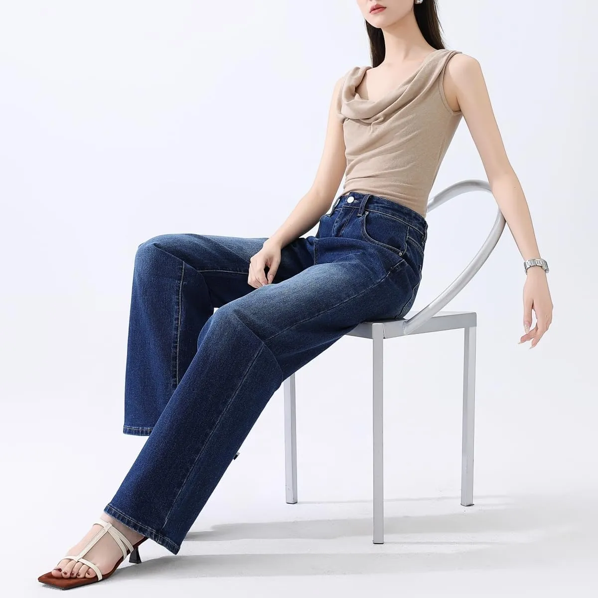High Waisted Jeans for Women Straight Leg Stretchy Trendy Baggy Casual Lady Basic Wide Leg Denim Pants
