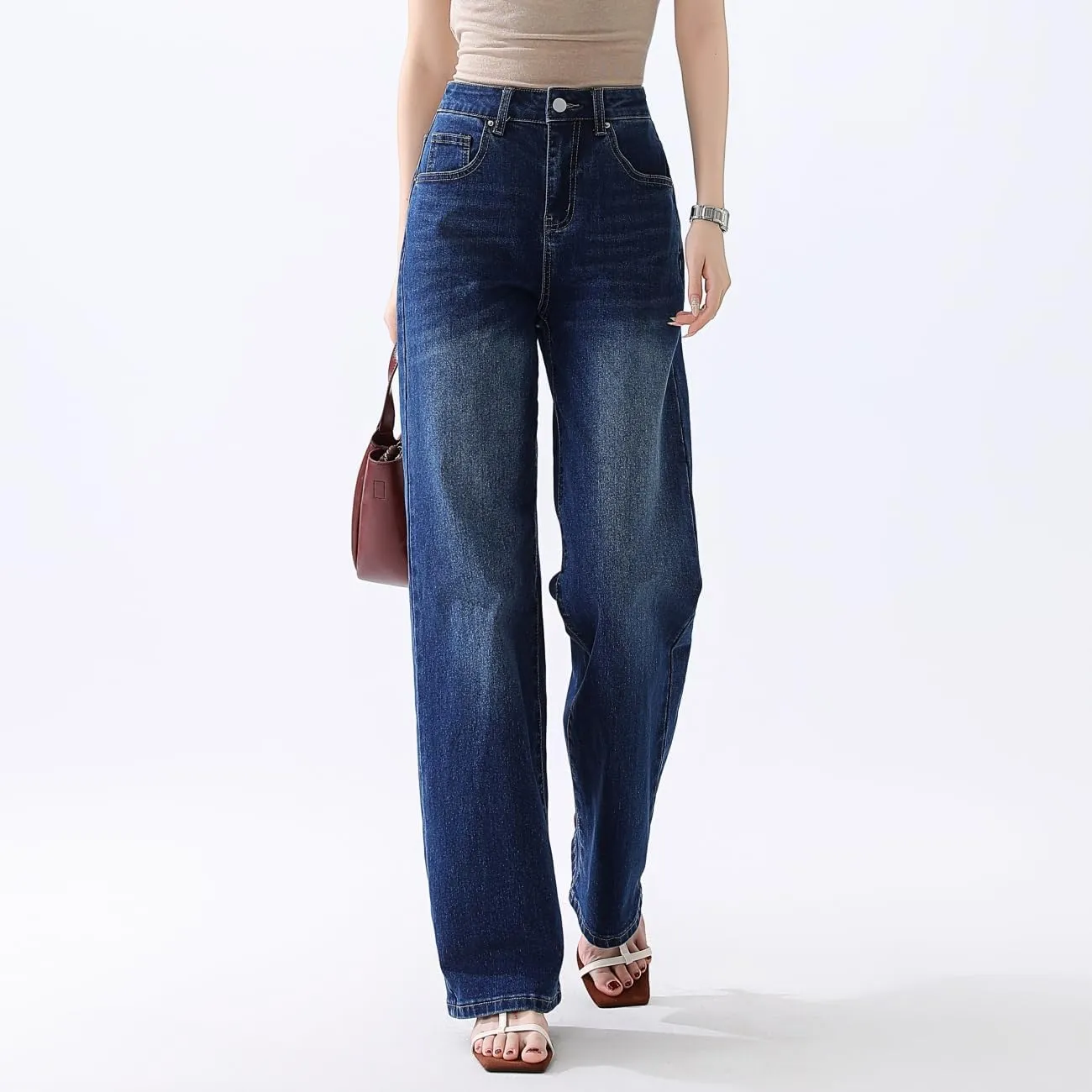High Waisted Jeans for Women Straight Leg Stretchy Trendy Baggy Casual Lady Basic Wide Leg Denim Pants
