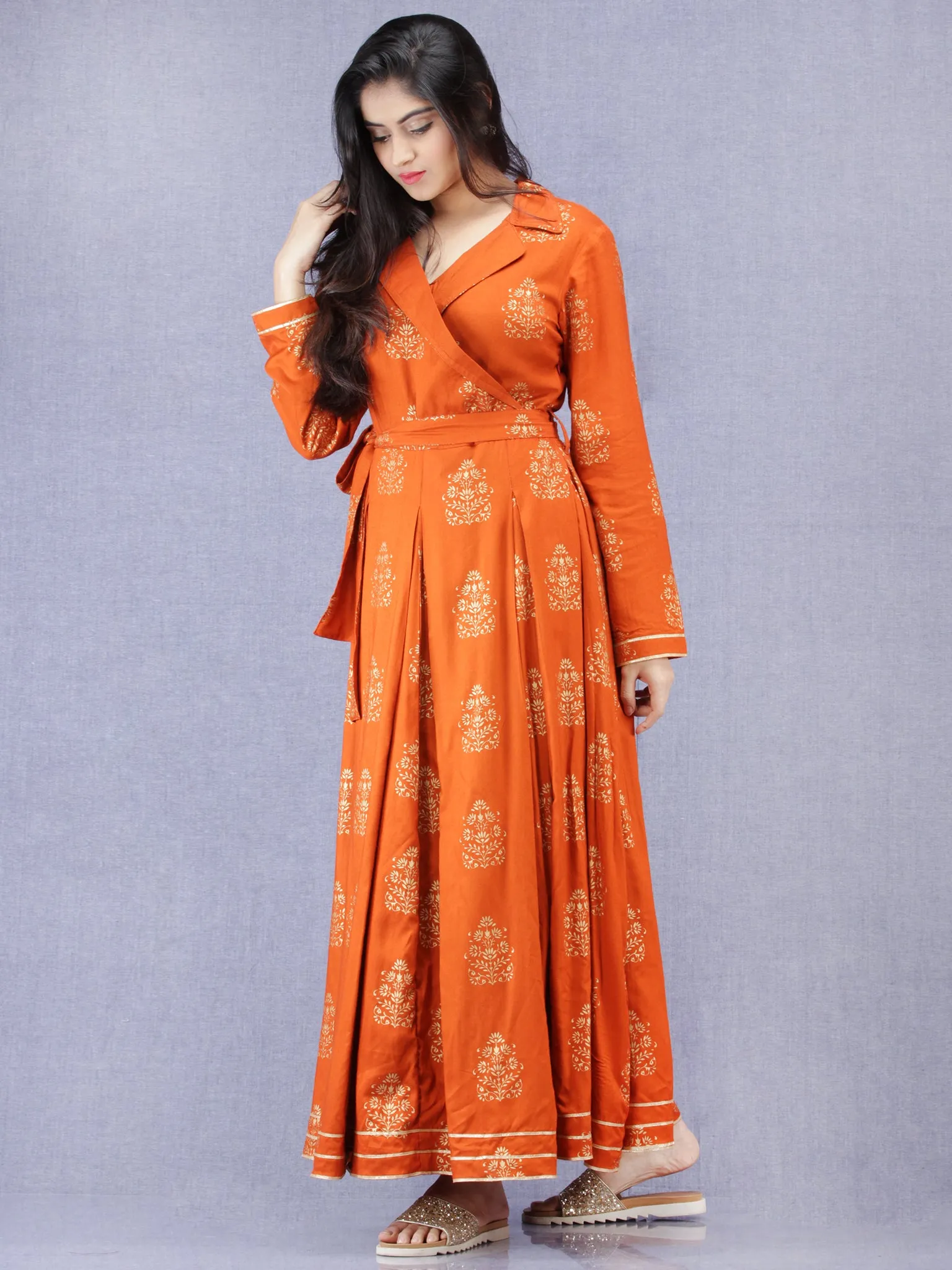 Jahanara - Rust Orange Gold Printed Long Box Pleated Dress - D379F2003