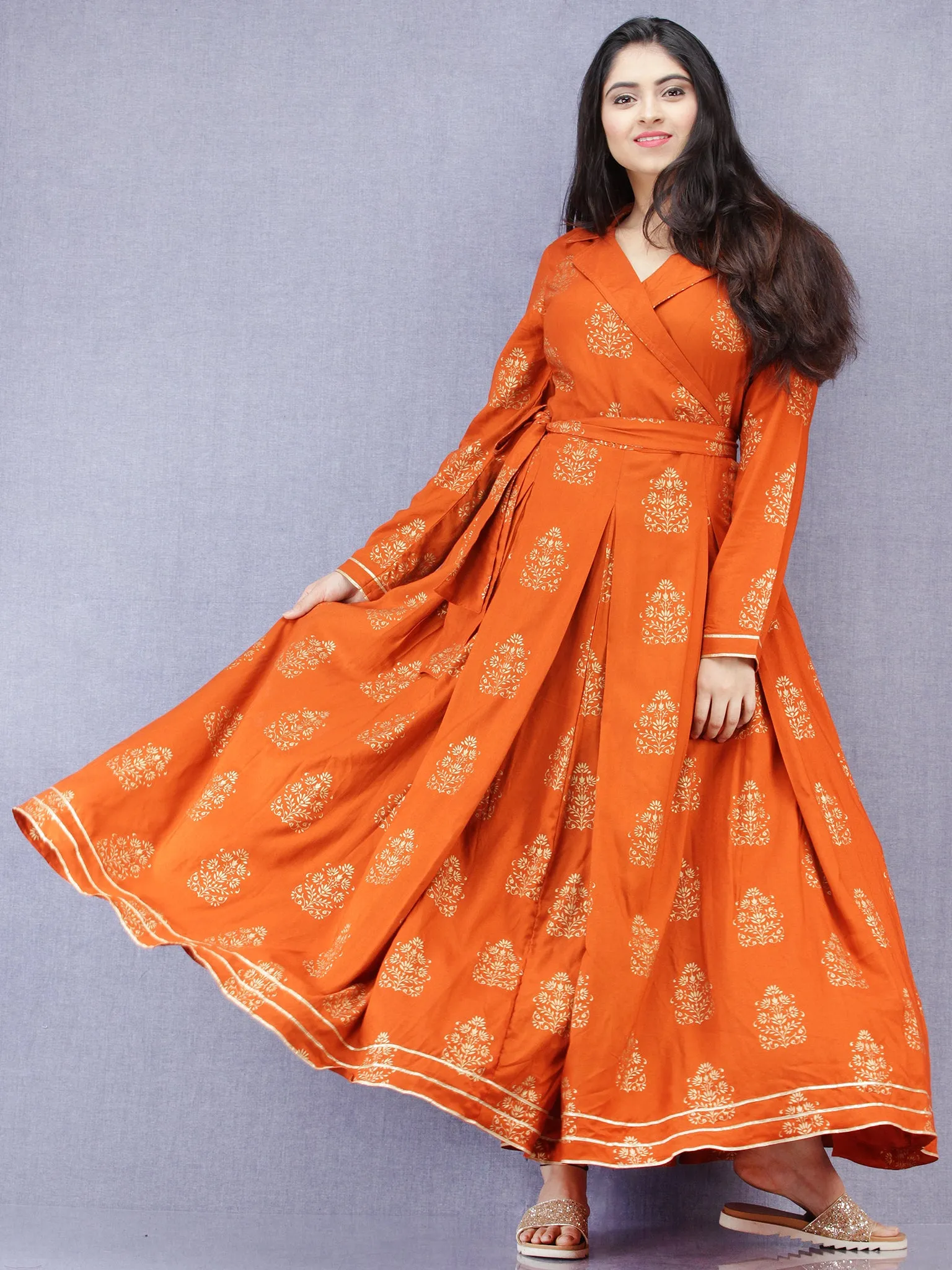 Jahanara - Rust Orange Gold Printed Long Box Pleated Dress - D379F2003